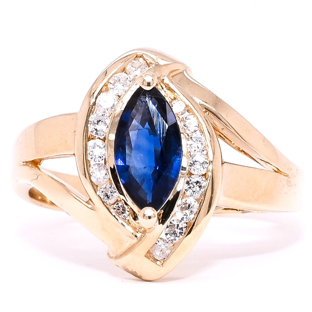 14KT Yellow Gold 0.43CT Marquise Shaped Blue Sapphire and Diamond Ring.