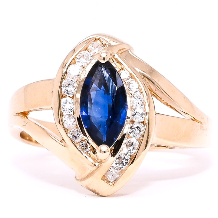 14KT Yellow Gold 0.43CT Marquise Shaped Blue Sapphire and Diamond Ring.