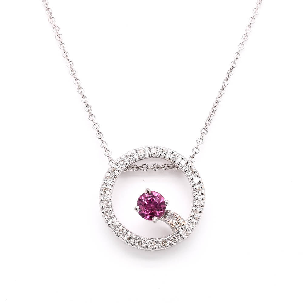 14KT White Gold 20" 0.4CTW Round Brilliant Ruby & Diamond Circle of Love Necklace.