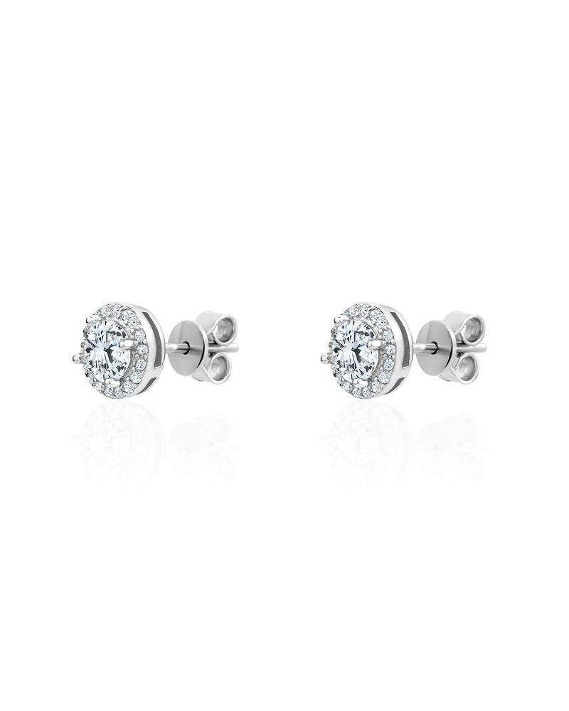 Sterling Silver 1.00CTW Round Brilliant Halo Set Moissanite Stud Earrings.