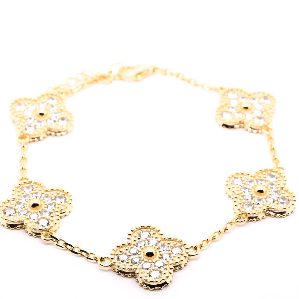 Sterling Silver Yellow Gold Plated 8" C.Z Multi Clover Bracelet.