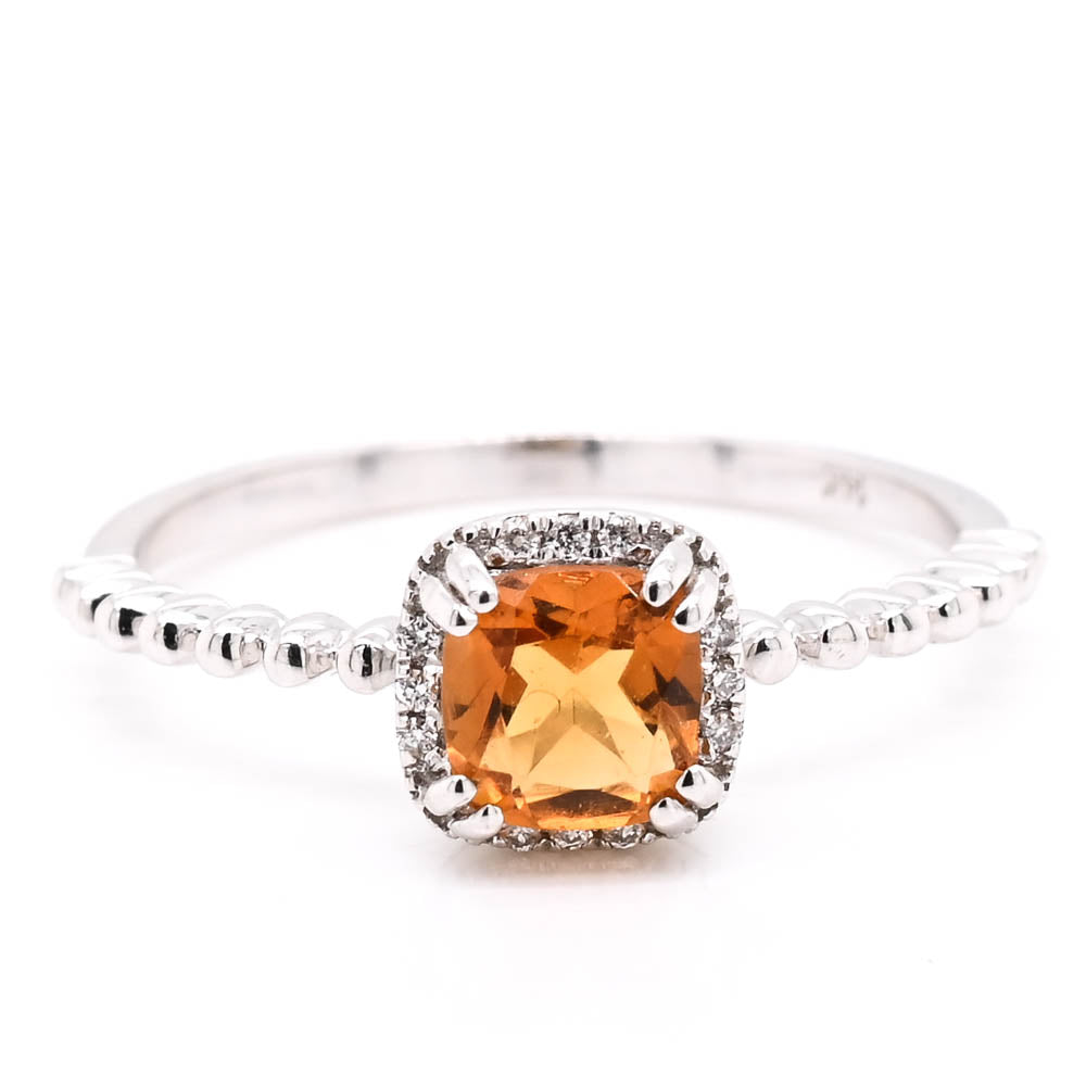 14KT White Gold Cushion Cut Citrine & Diamond Halo Set Ring.