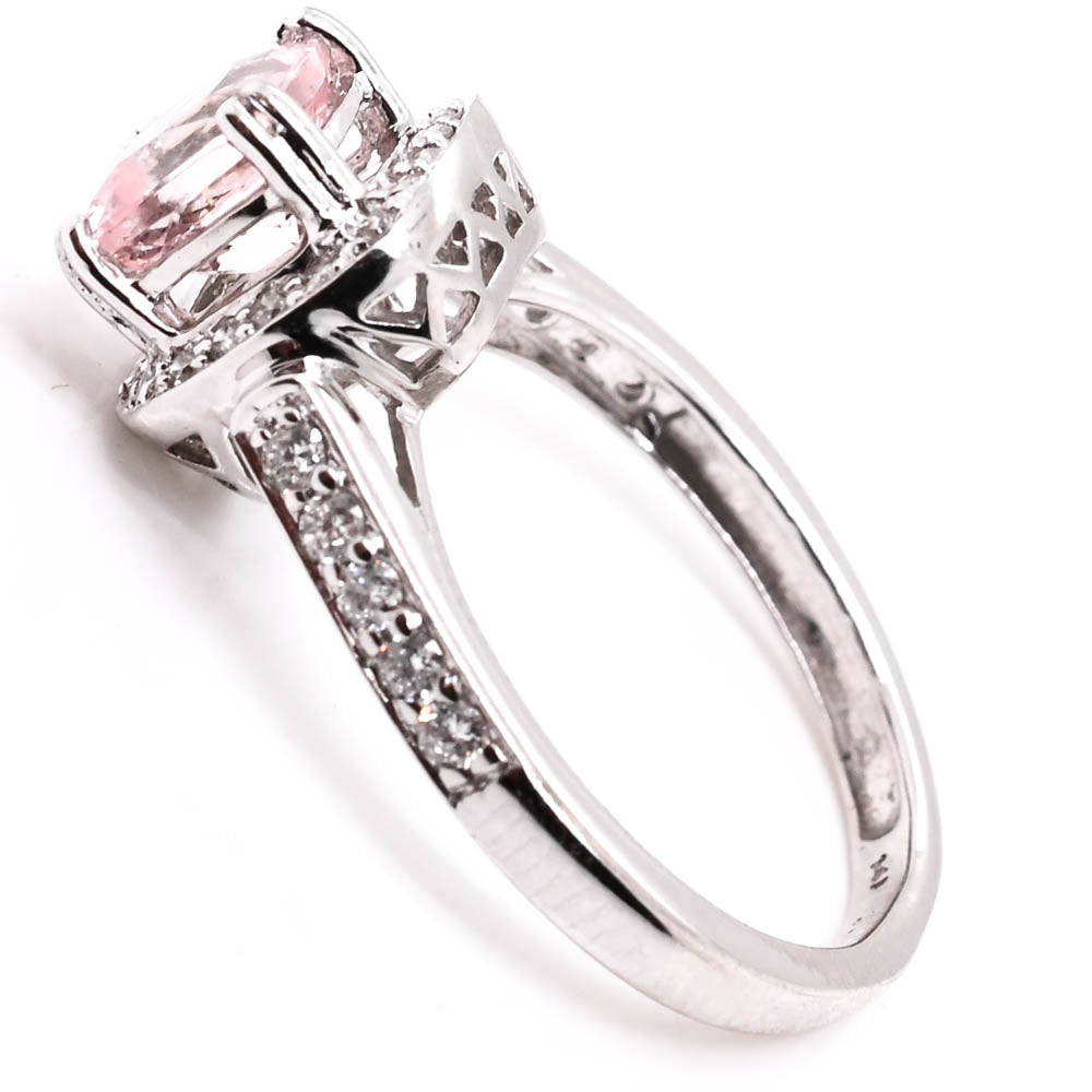 14KT White Gold 0.52CT Cushion Cut Morganite & Diamond Halo Set Ring.