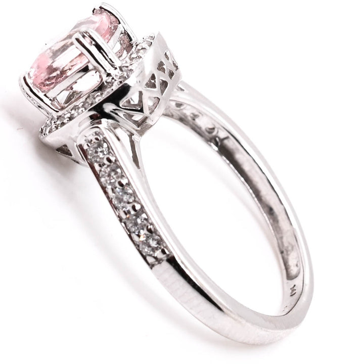 14KT White Gold 0.52CT Cushion Cut Morganite & Diamond Halo Set Ring.