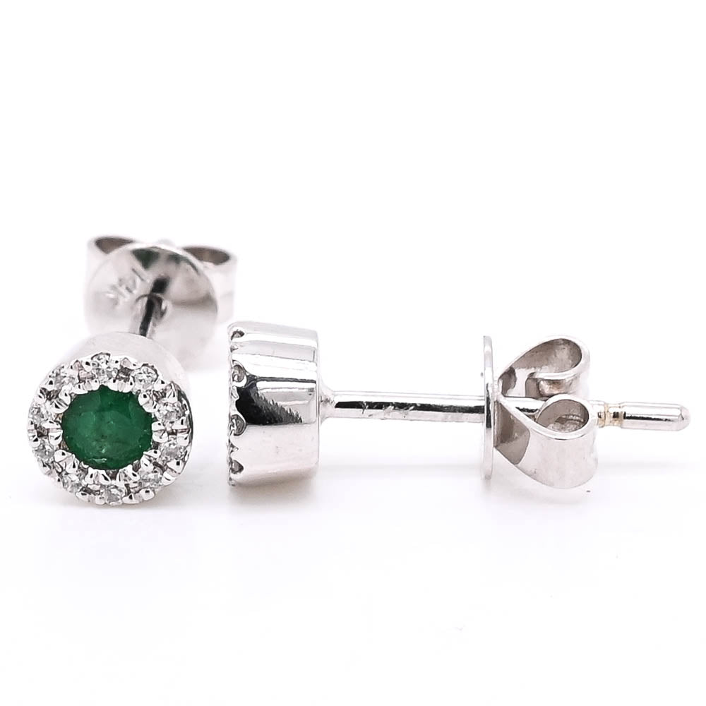 14KT White Gold 0.23CTW Emerald & Diamond Halo Set Stud Earrings.
