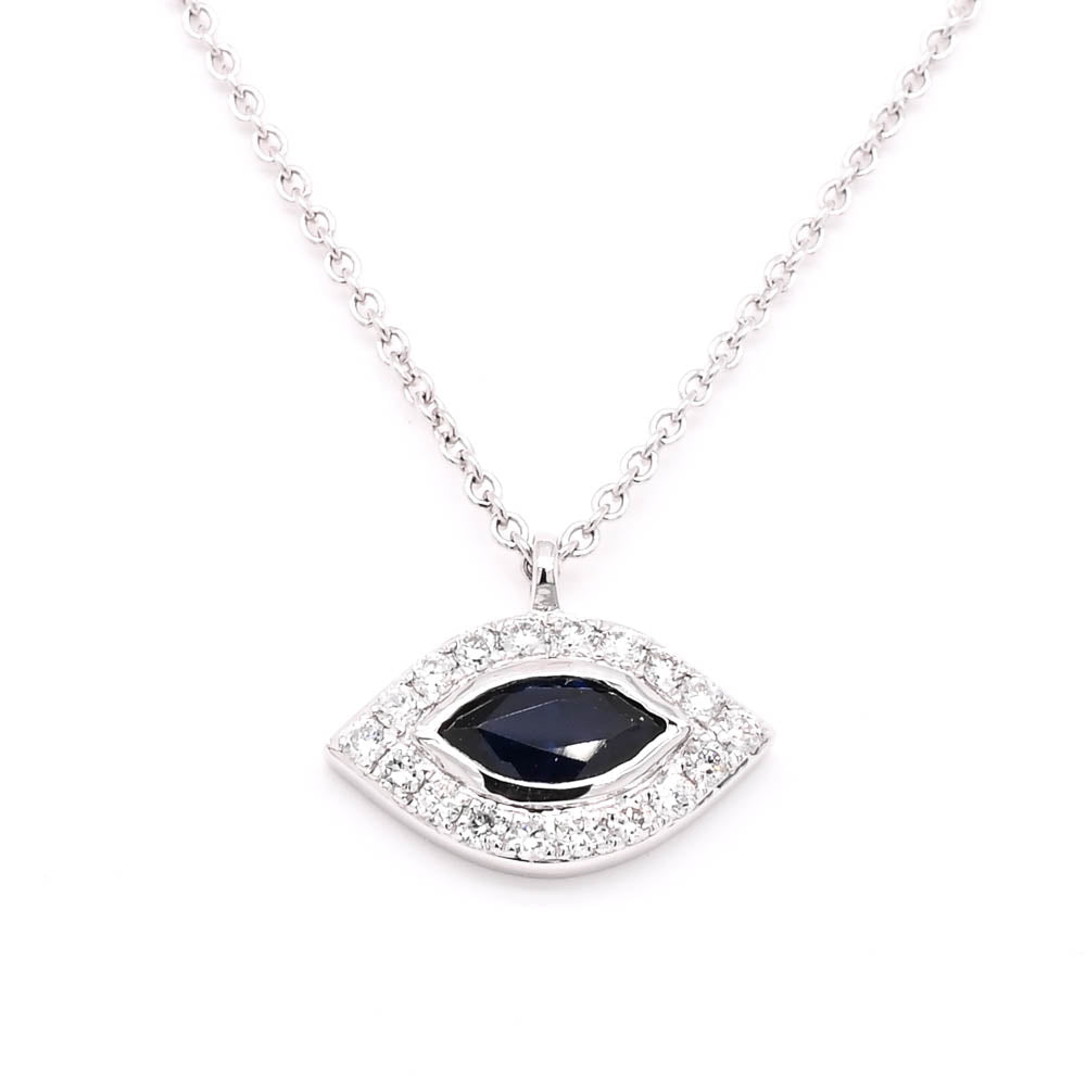 14KT White Gold 18" 0.28CT Blue Sapphire and Diamond Evil Eye Necklace.