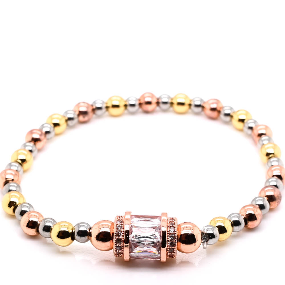Tri-Tone Metal C.Z Barrel Stretch Bracelet.