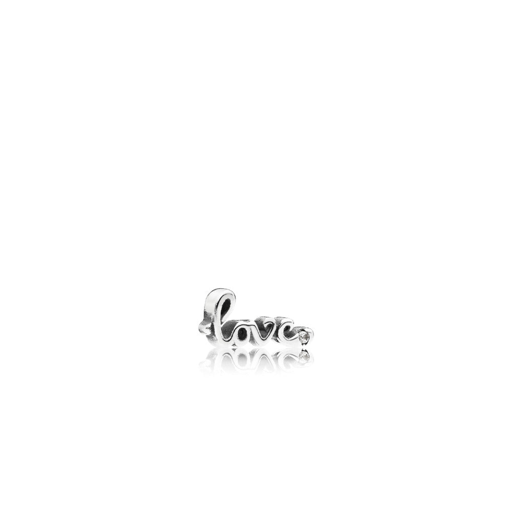 Love script silver petite element with clear cubic zirconia