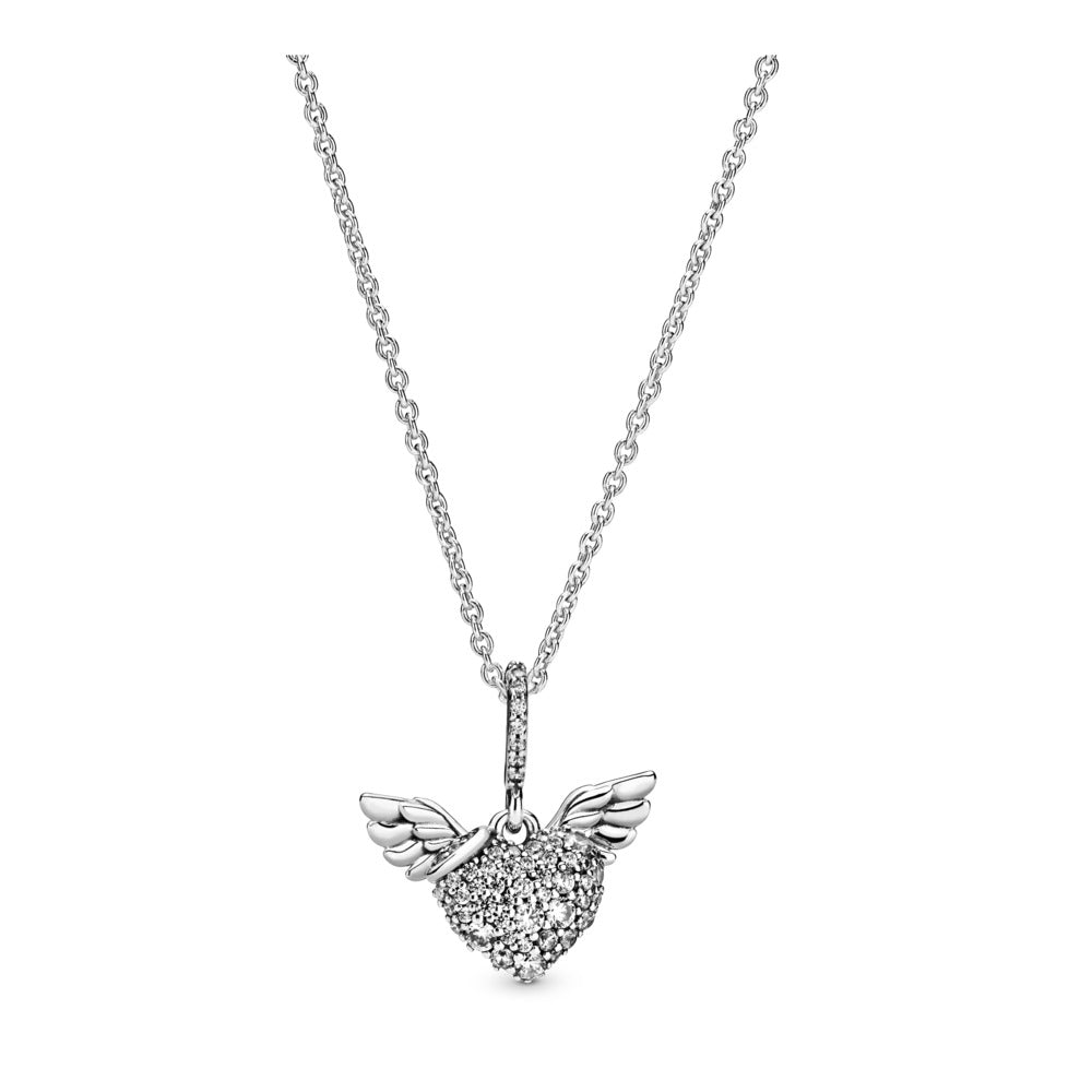 Pave Heart and Angel Wings Necklace