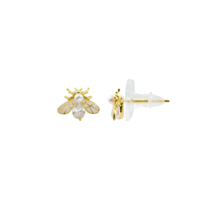 Sterling Silver Gold Vermeil CZ, Pearl, and Enamel Firefly Stud