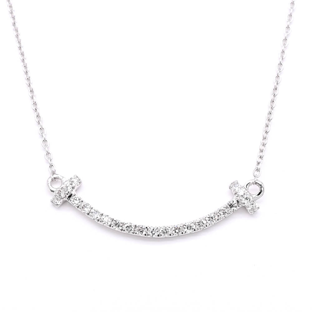14KT White Gold 18" 0.18CTW Diamond Smiley Bar Necklace.