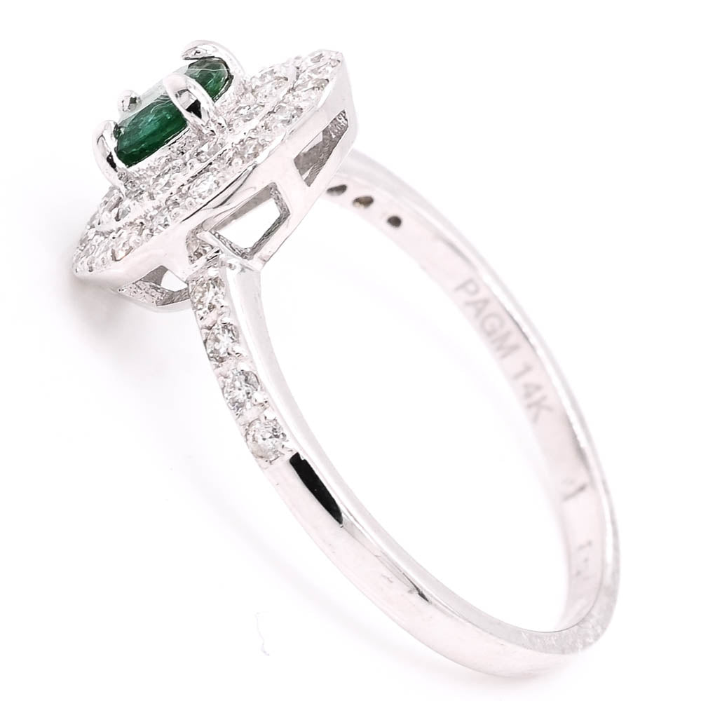14KT White Gold Emerald & Diamond double Halo Set Ring.
Diamonds: 0