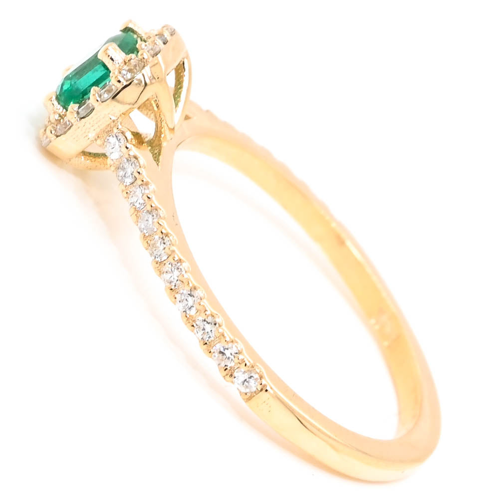 14KT Yellow Gold 0.38CT Princess Cut Emerald & Diamond Halo Set Ring.