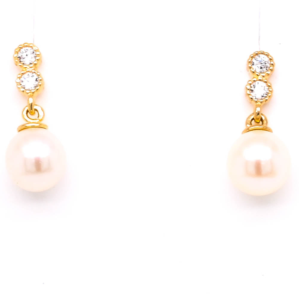 10KT Yellow Gold 3mm Freshwater Pearl & C.Z Drop Earrings.