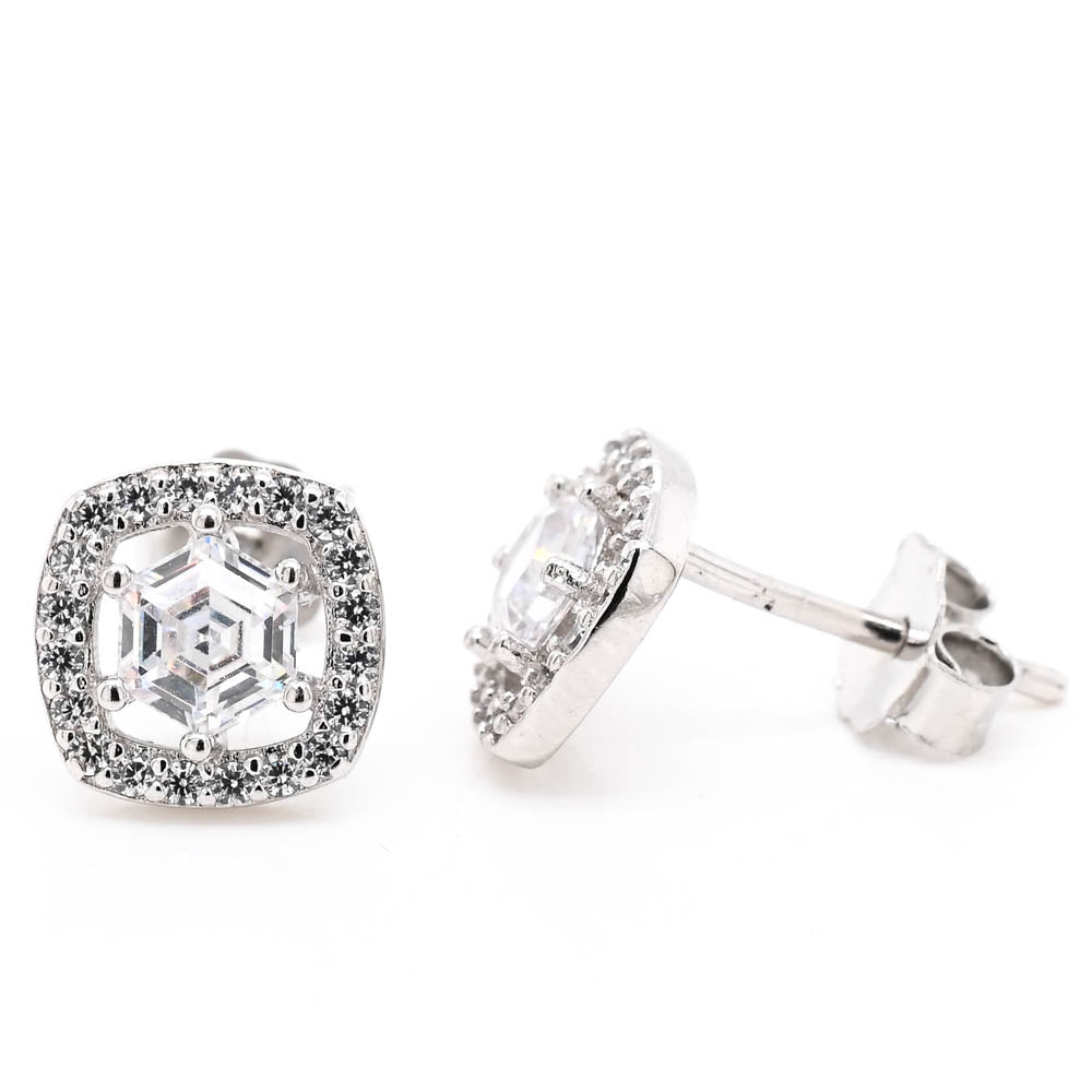 Sterling Silver C.Z Halo Set Stud Earrings.