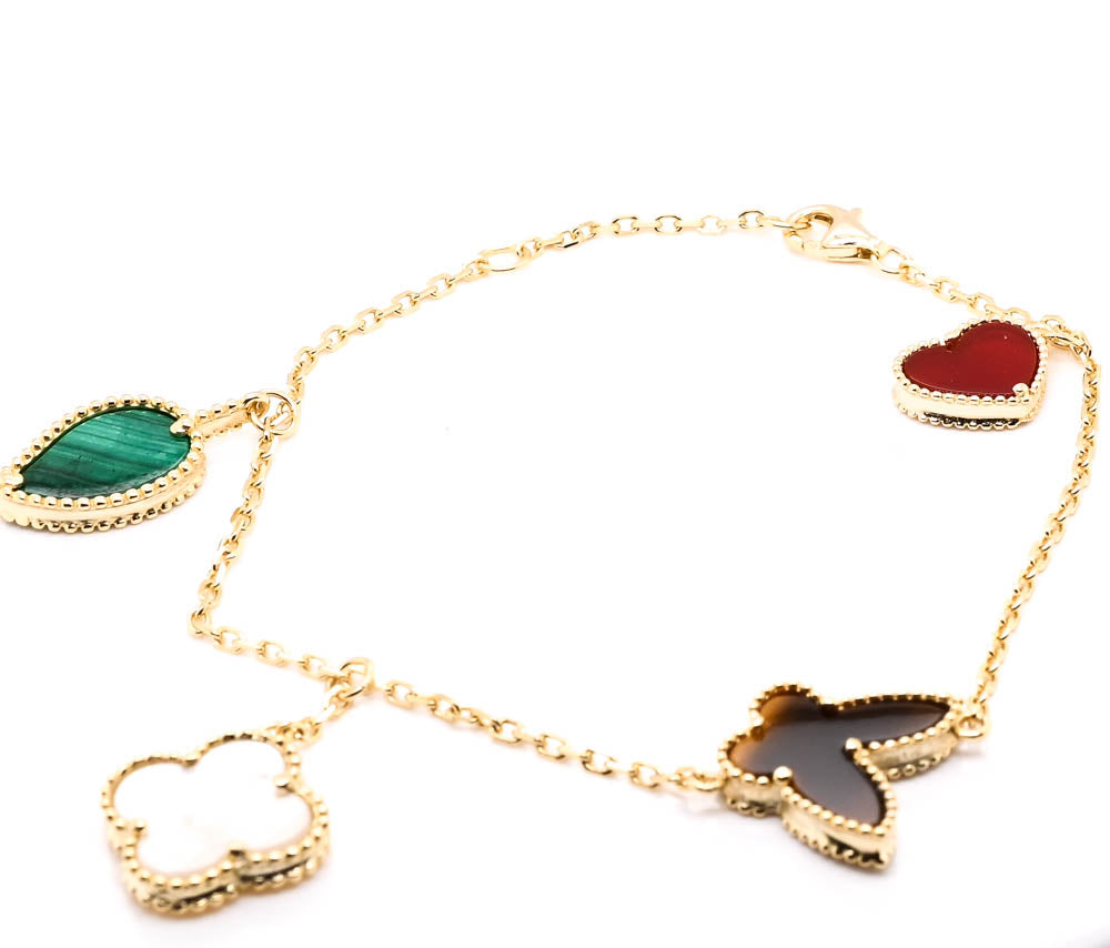 Sterling Silver Gold Plated 8" Mother of Pearl, Malachite Tigers Eye & chalcedony Bracelet.