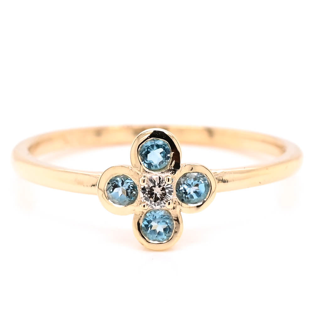 10KT Yellow Gold Blue Topaz & Diamond Flower Ring.