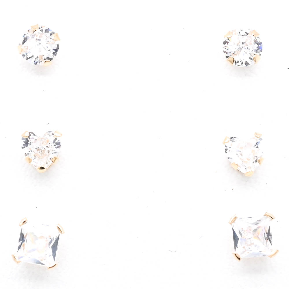 10KT Yellow Gold Round, Heart & Square C.Z Trio Set Stud Earrings.