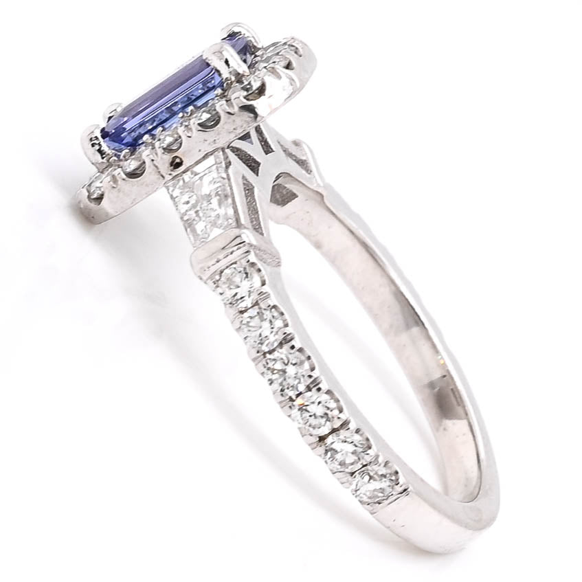 14KT White Gold 1.00CT Emerald Shape Tanzanite & Diamond Halo Set Ring.