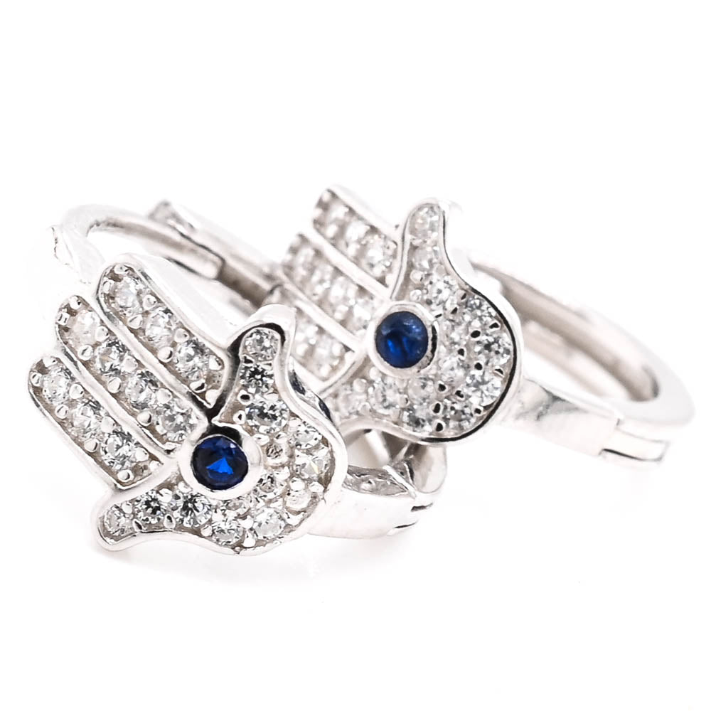 Sterling Silver Blue & White C.Z Hamsa Huggie Earrings.