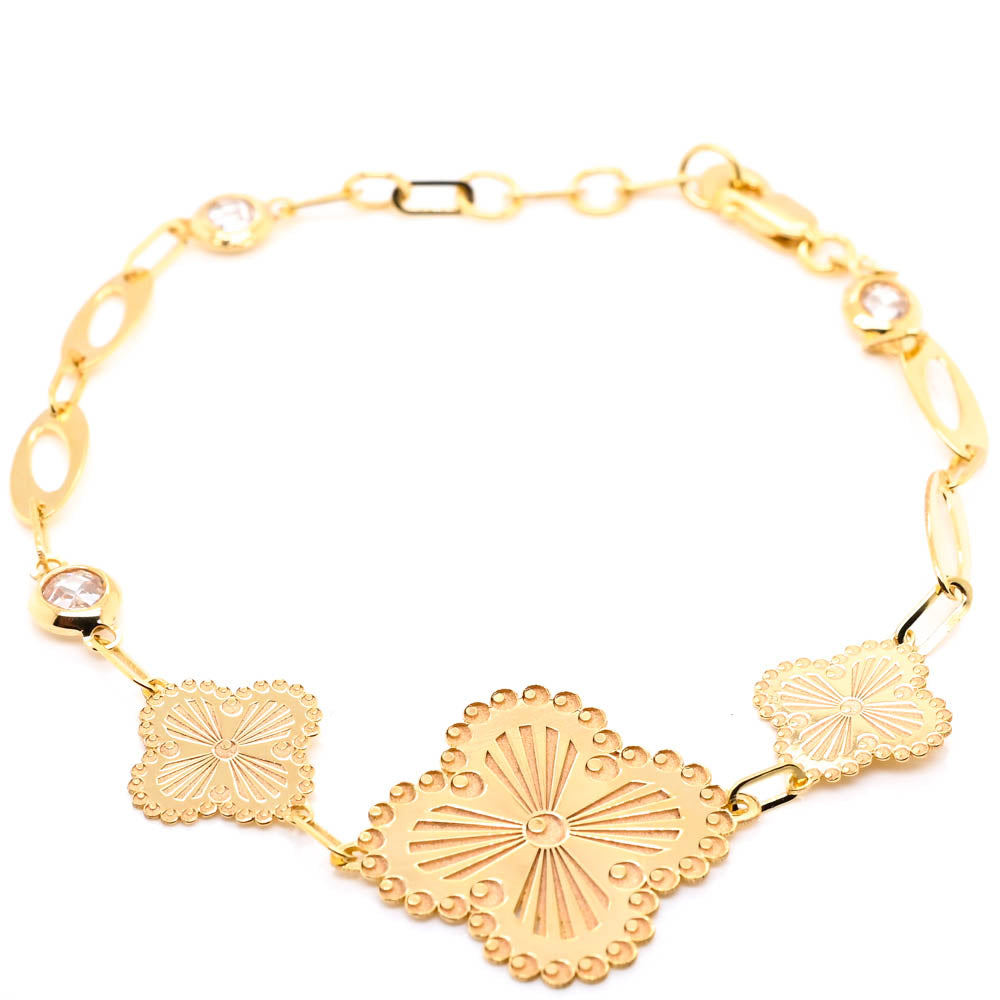 10KT Yellow Gold 7.5" C.Z Flower Paperclip Bracelet.