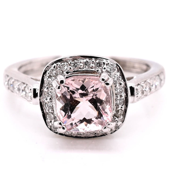 14KT White Gold 0.52CT Cushion Cut Morganite & Diamond Halo Set Ring.