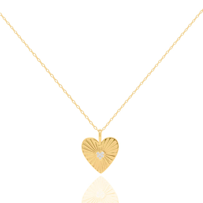 Sterling Silver Gold Vermeil 18" CZ Center Sunbeam Heart Charm Necklace