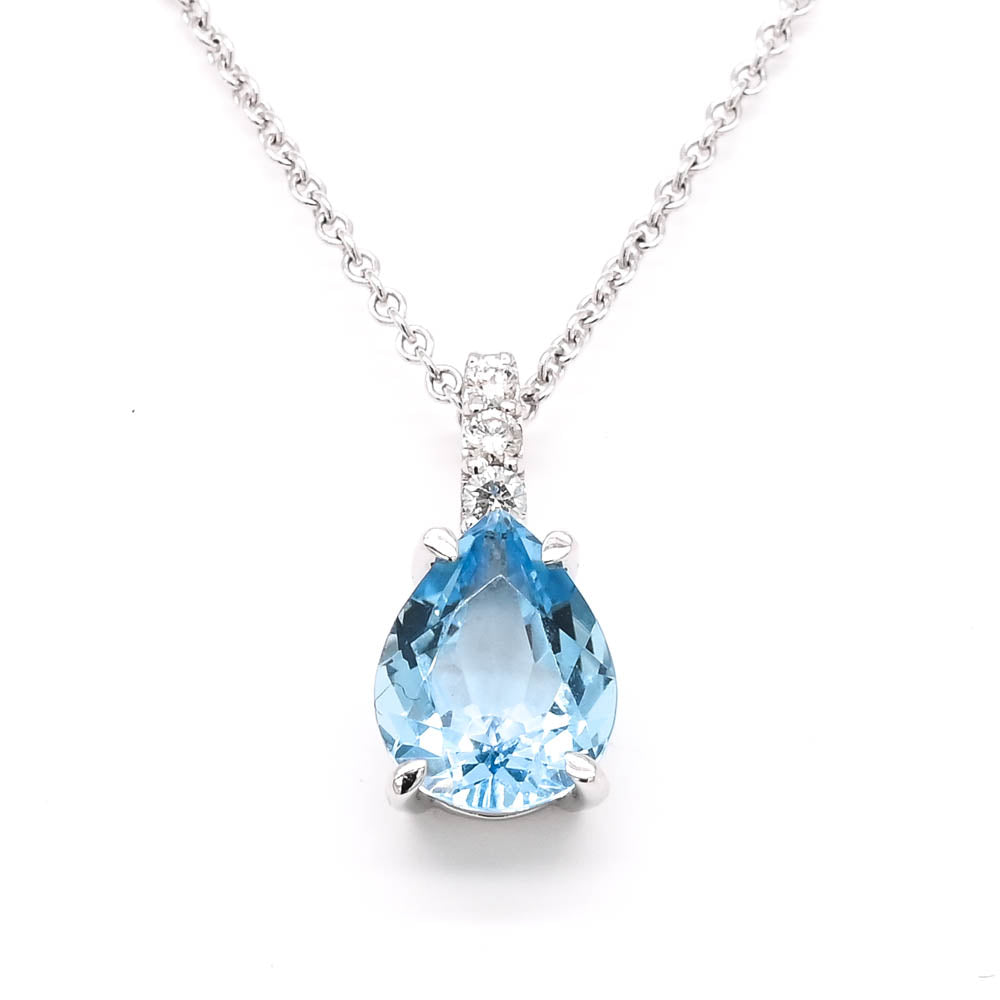 10KT White Gold 18" 2.10CT Pear Shape Swiss Blue Topaz & Diamond Necklace.