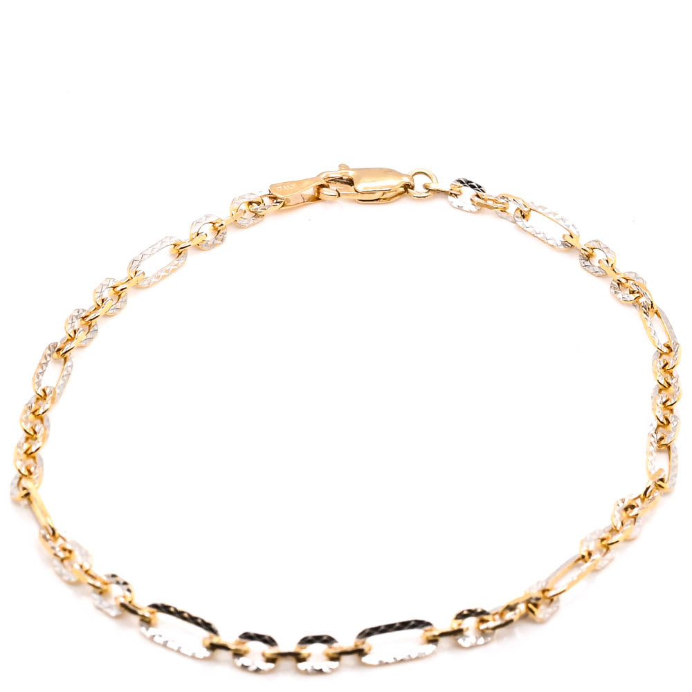 14KT Yellow & White Gold 7.5" 3mm Figaro Fancy Link Bracelets.