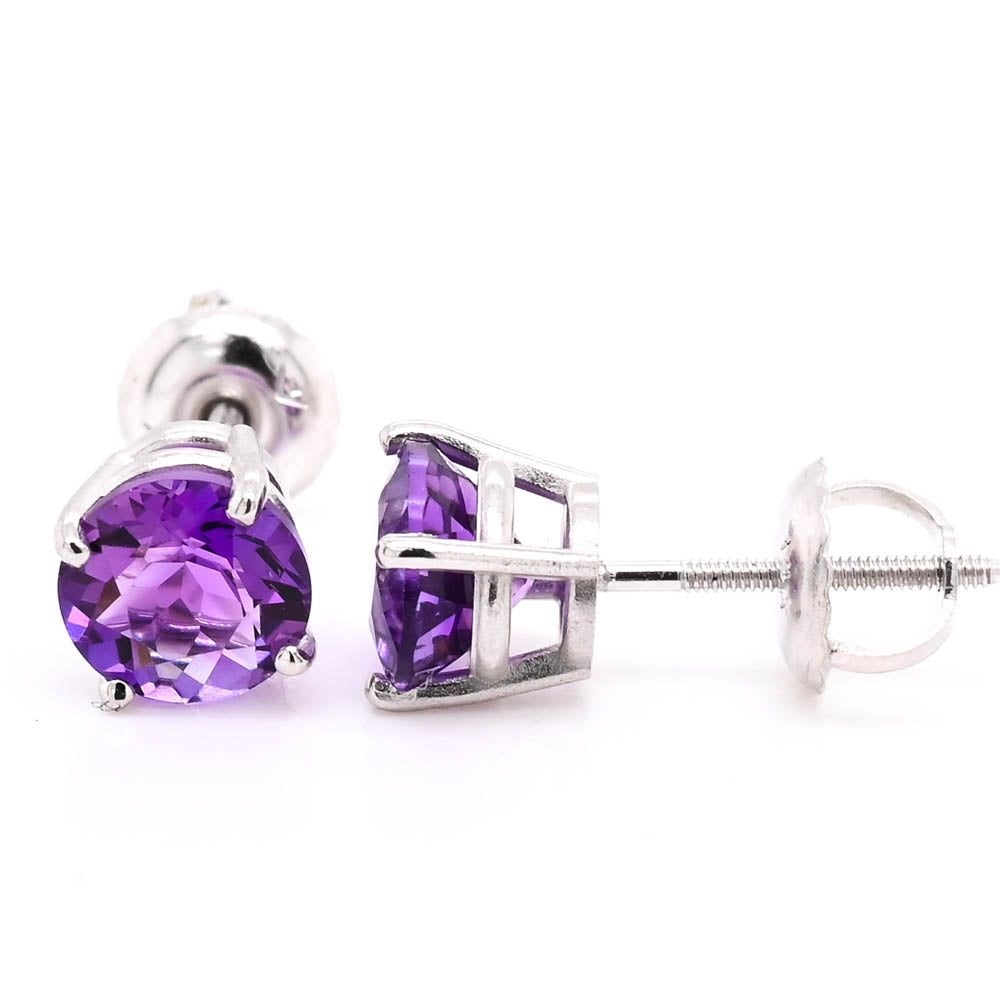 14KT White Gold Round Brilliant Amethyst Stud Earrings.