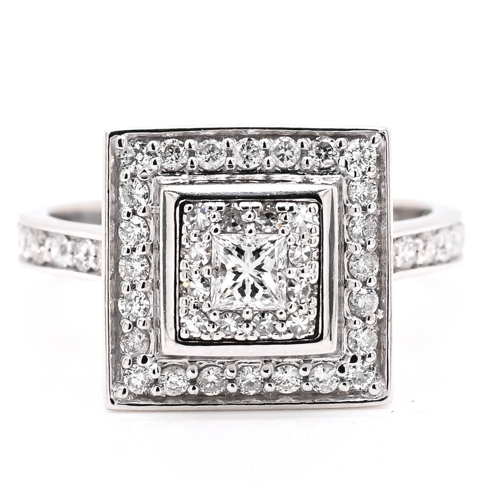 14KT White Gold 0.50CTW Princess Cut Diamond Halo Set Engagement Ring.