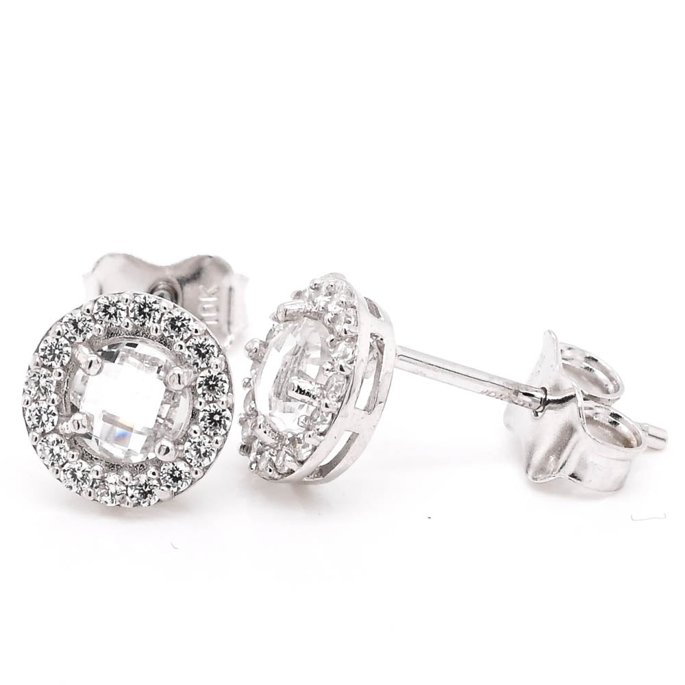 10KT White Gold C.Z Halo Set Stud Earrings.