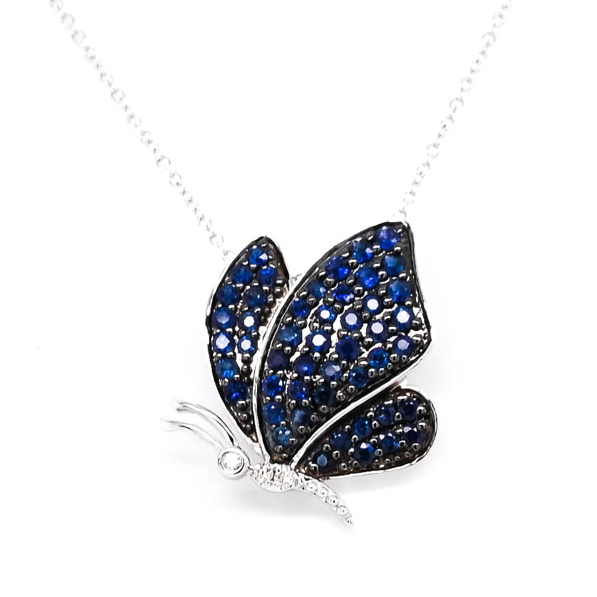 10KT White Gold 18" 0.45CTW Blue Sapphire and Diamond Butterfly Necklace.