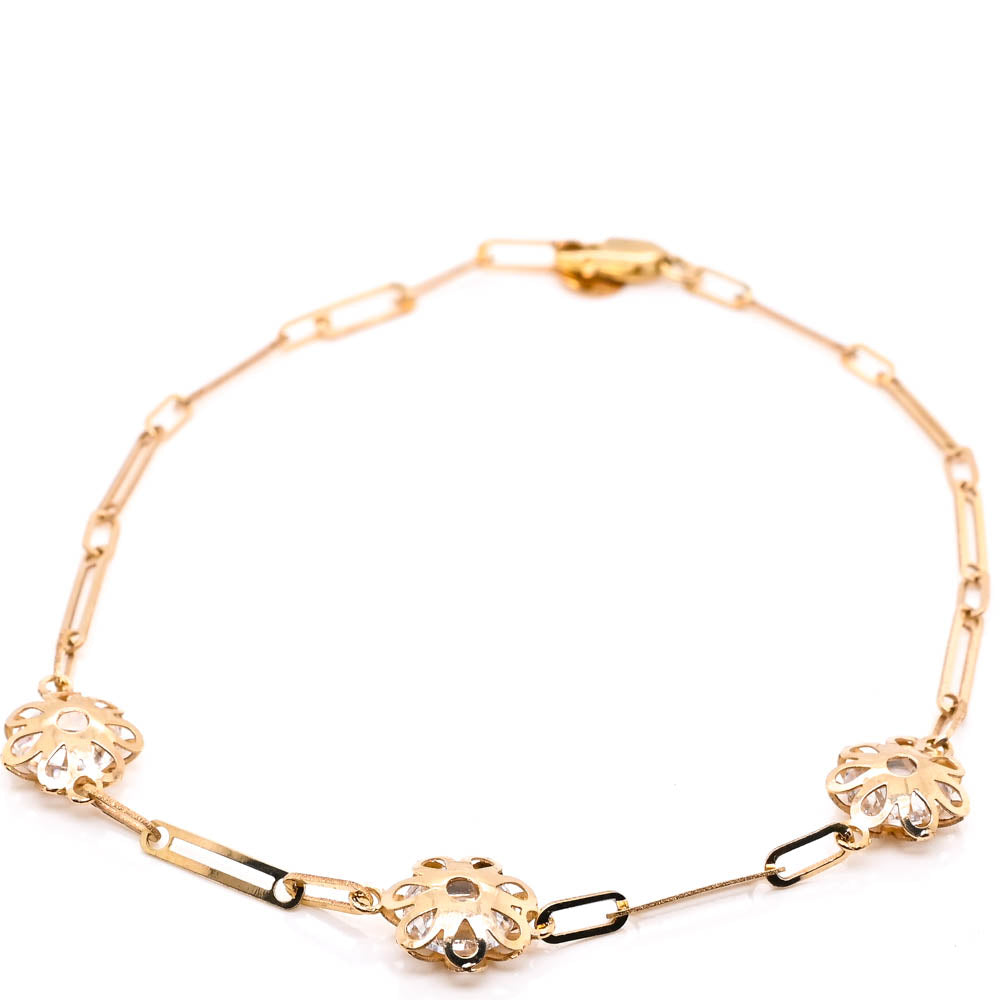10KT Yellow Gold 7.75" C.Z Flower Paper Clip Bracelet