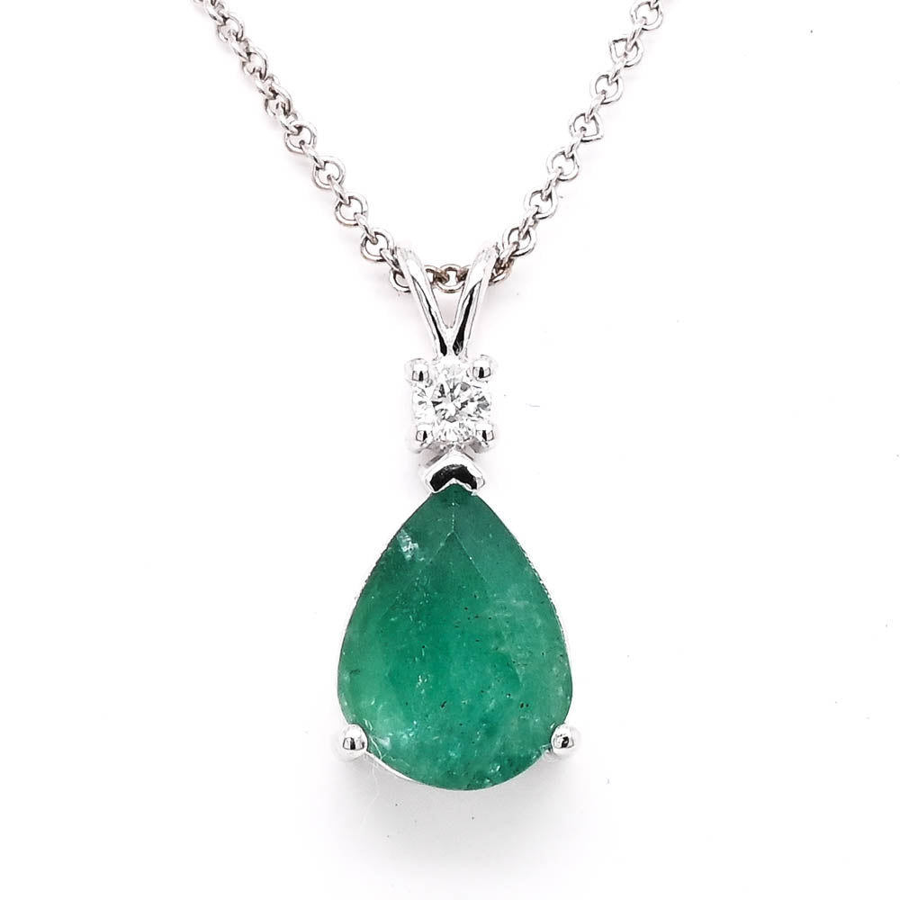 14KT White Gold 20" 1.50CT Pear Shape Emerald and Diamond Necklace.