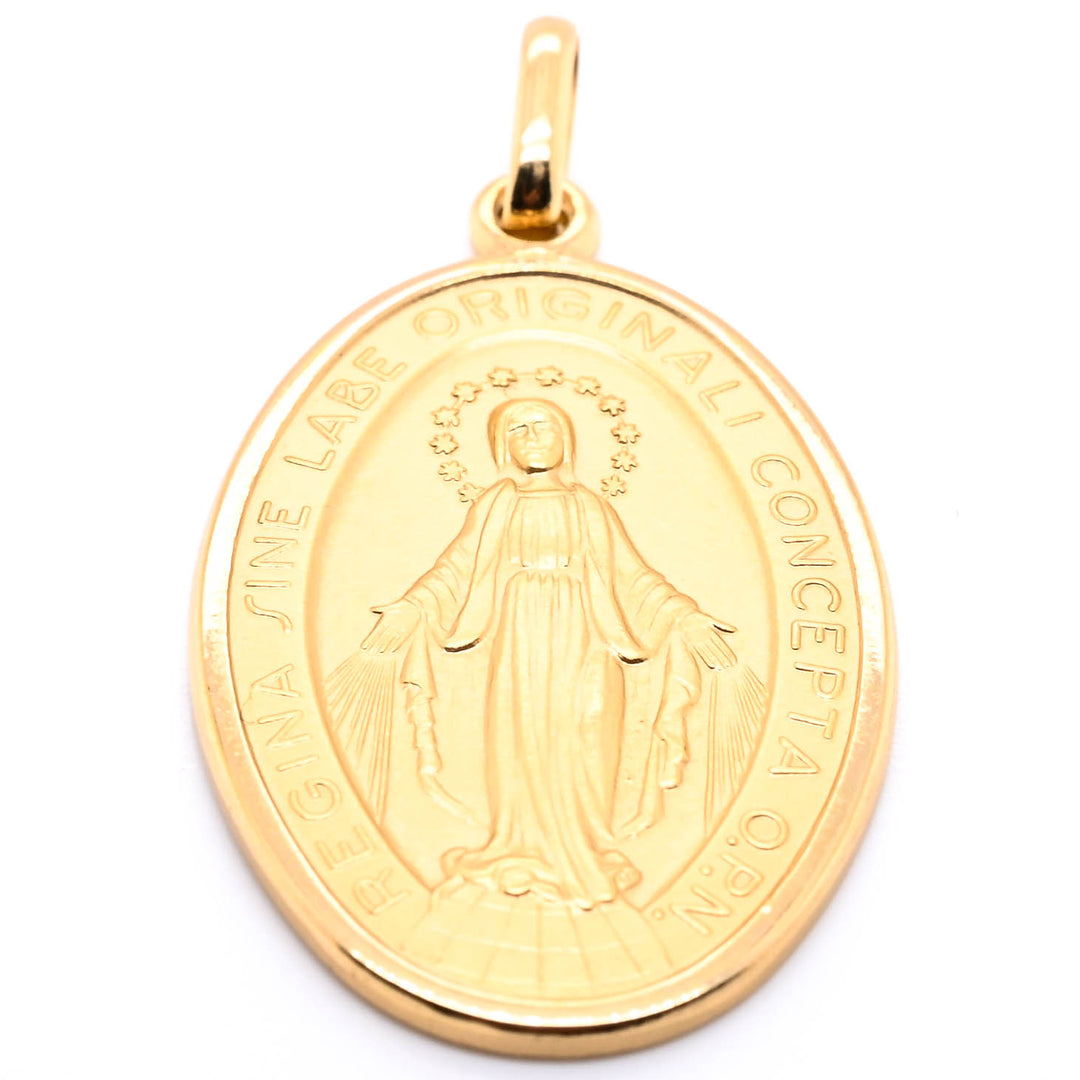18KT Yellow Gold 41x22mm Miraculous Virgin Mary Pendant.
