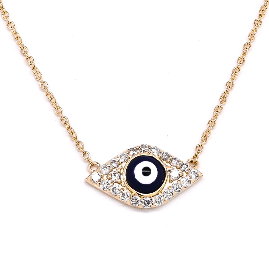 14KT Yellow Gold 18" 0.18CTW Diamond Evil eye Necklace.