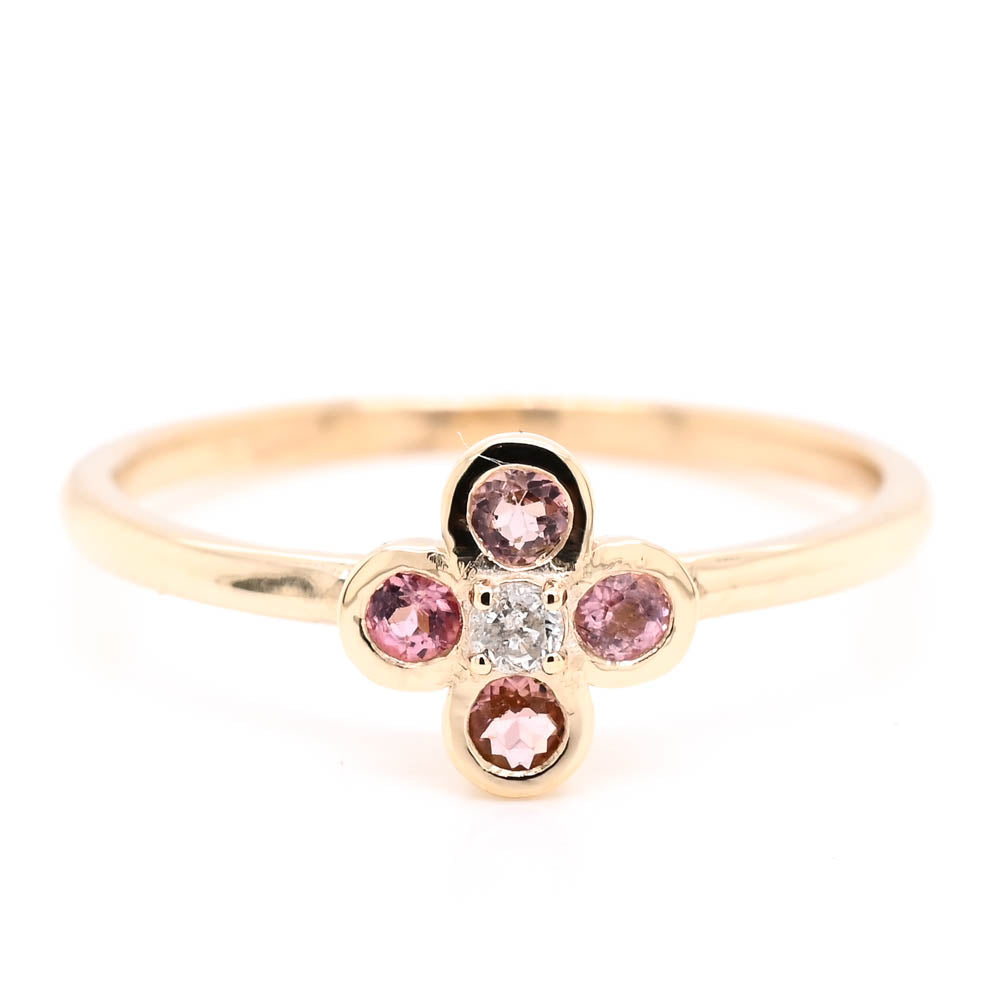 10KT Yellow Gold PinkTourmaline & Diamond Flower Ring.