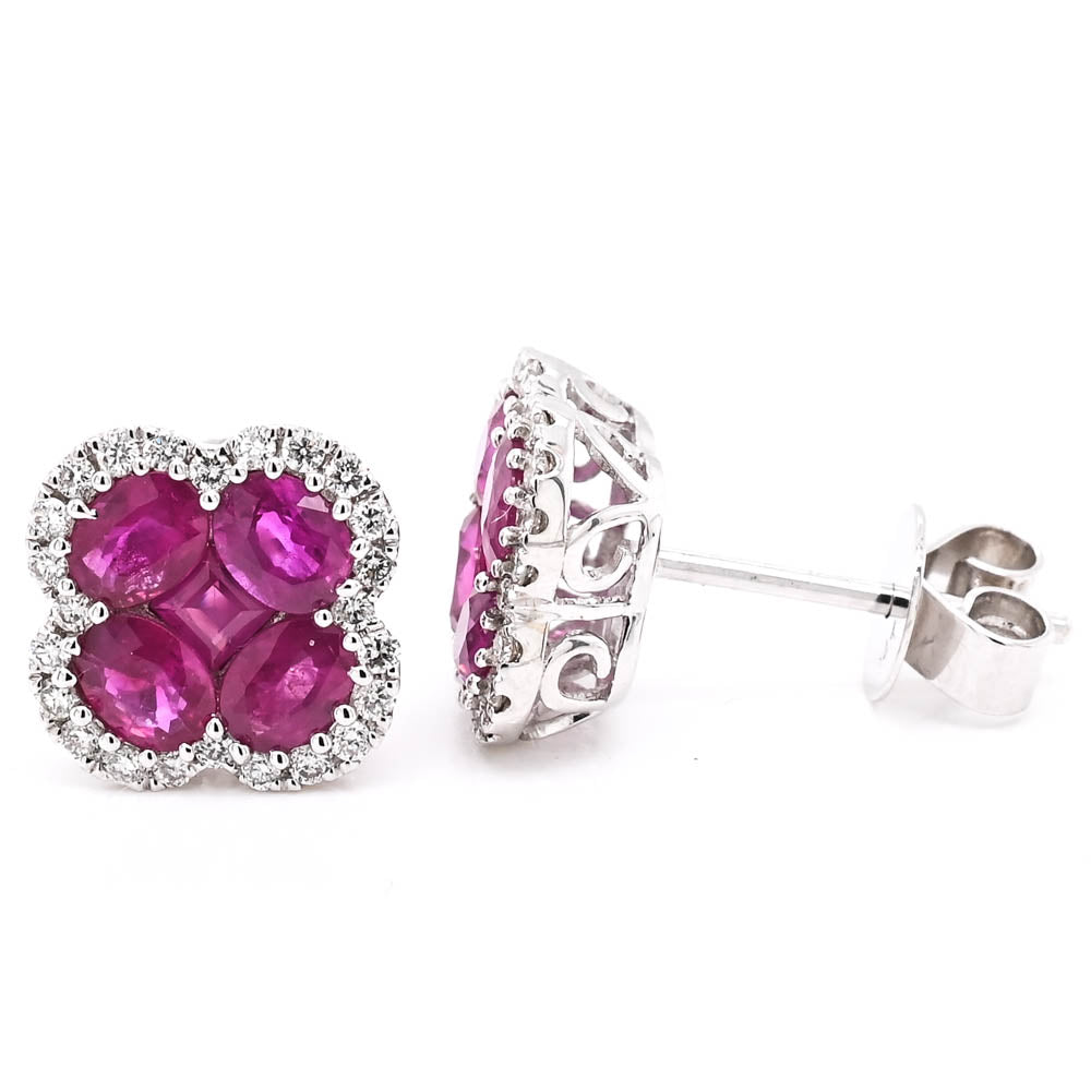 14KT White Gold 1.95CTW Ruby & Diamond Halo Set stud Earrings.