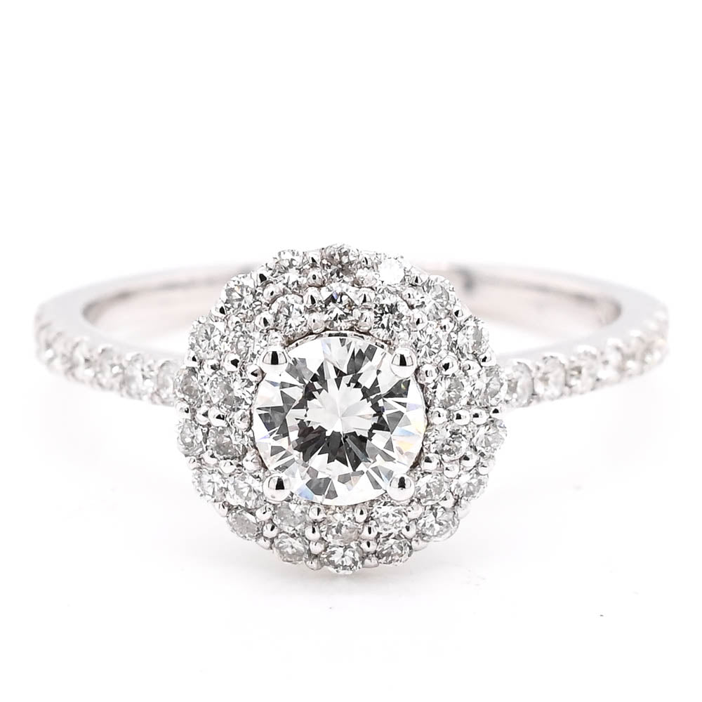 14KT Yellow Gold 0.92CTW Round Brilliant Diamond Double Halo Set Engagement Ring.