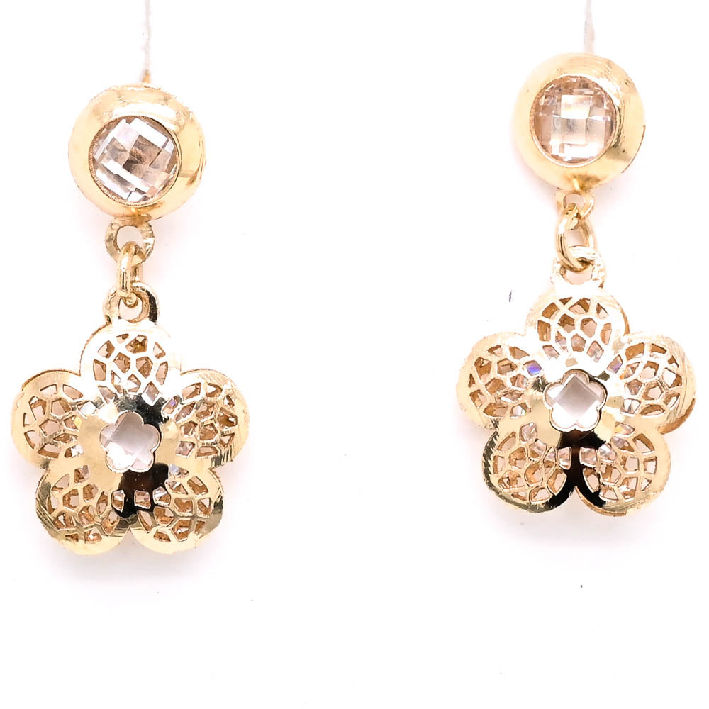 10KT Yellow Gold C.Z Flower Dangle Earrings.