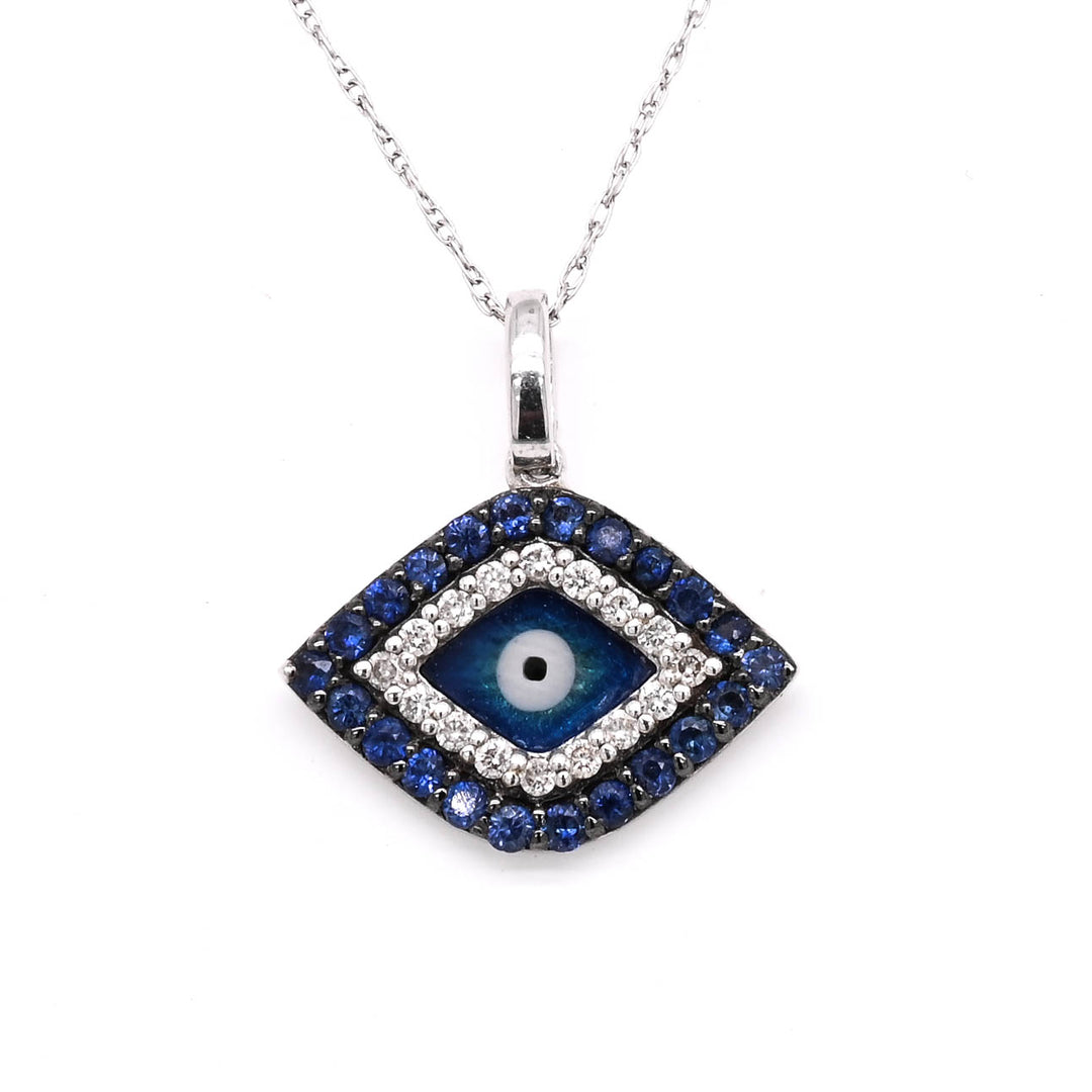 14KT White Gold 18" 0.30CTW Blue Sapphire & Diamond Enamel Evil Eye Necklace.
