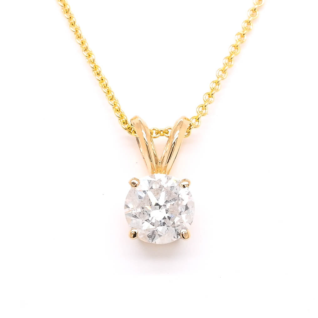 14KT Yellow Gold 18" 1.22CT I2 I Colour Round Brilliant Diamond Solitaire Necklace.