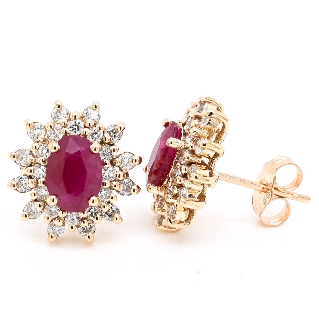 14KT Yellow Oval Shape Ruby & Diamond Stud Earrings.