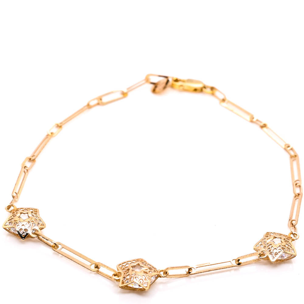 10KT Yellow Gold 7.75" C.Z Star Paper Clip Bracelet