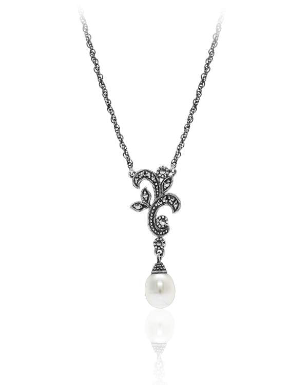 Larus Sterling Silver 18" Pearl and Marcasite Necklace.