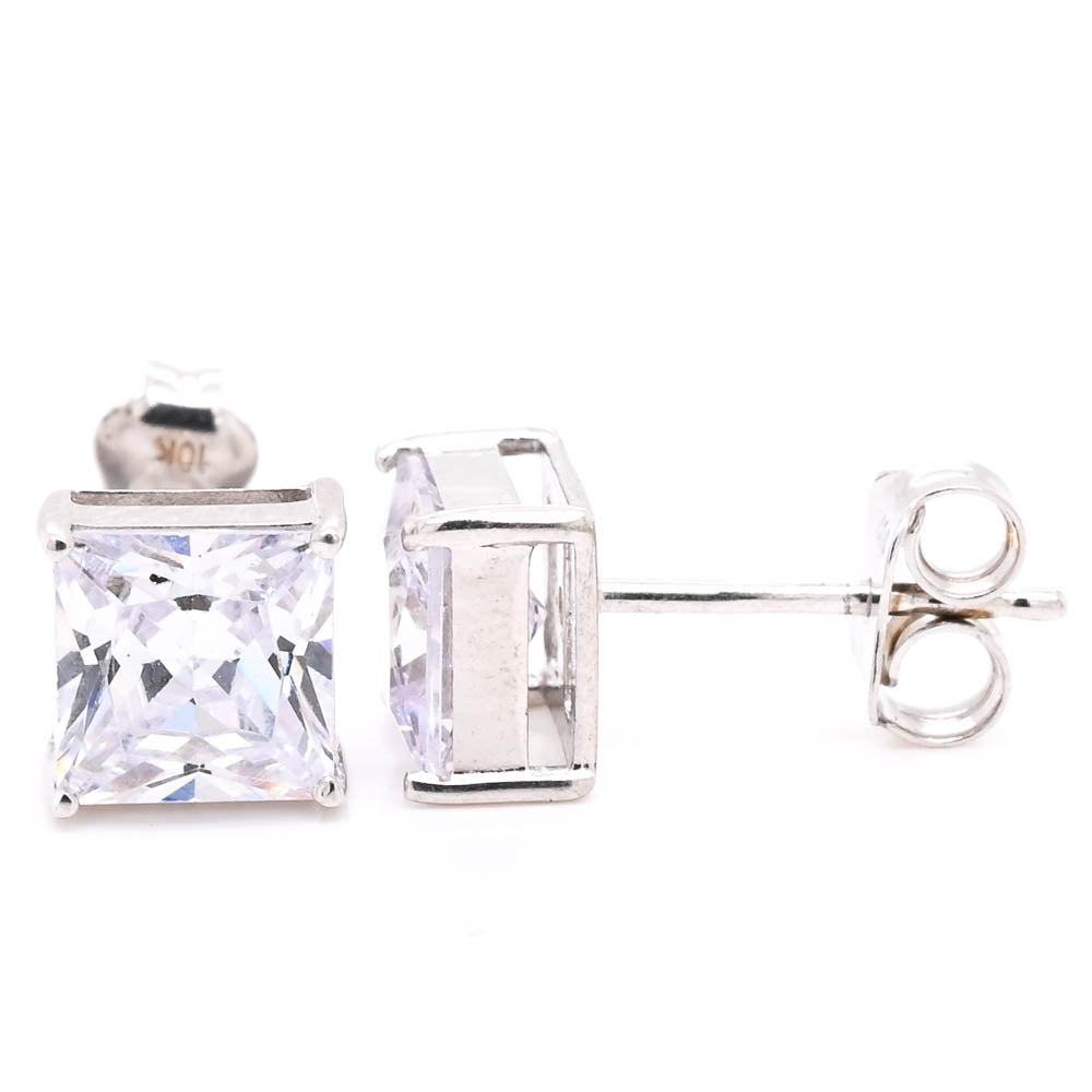 10KT White Gold 6MM Princess Cut C.Z Stud Earrings.