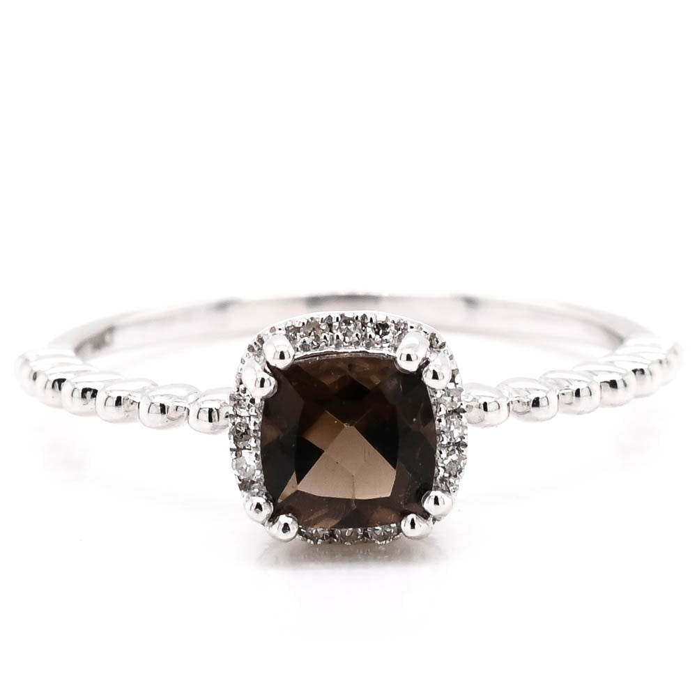 14KT White Gold Cushion Cut Smokey Quartz & Diamond Halo Set Ring.