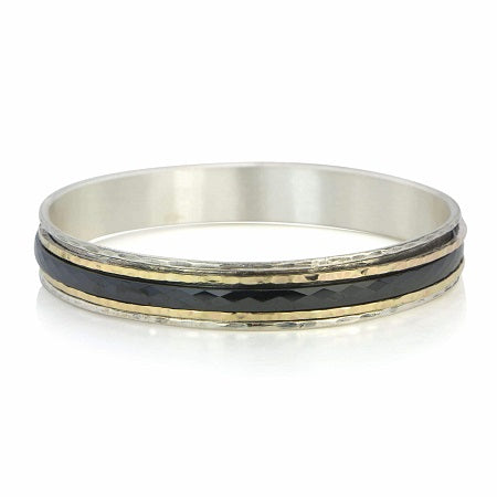 Raven Meditation Bangle Sterling Silver and 10KT Yellow Gold with Black Enamel Spinning Band.