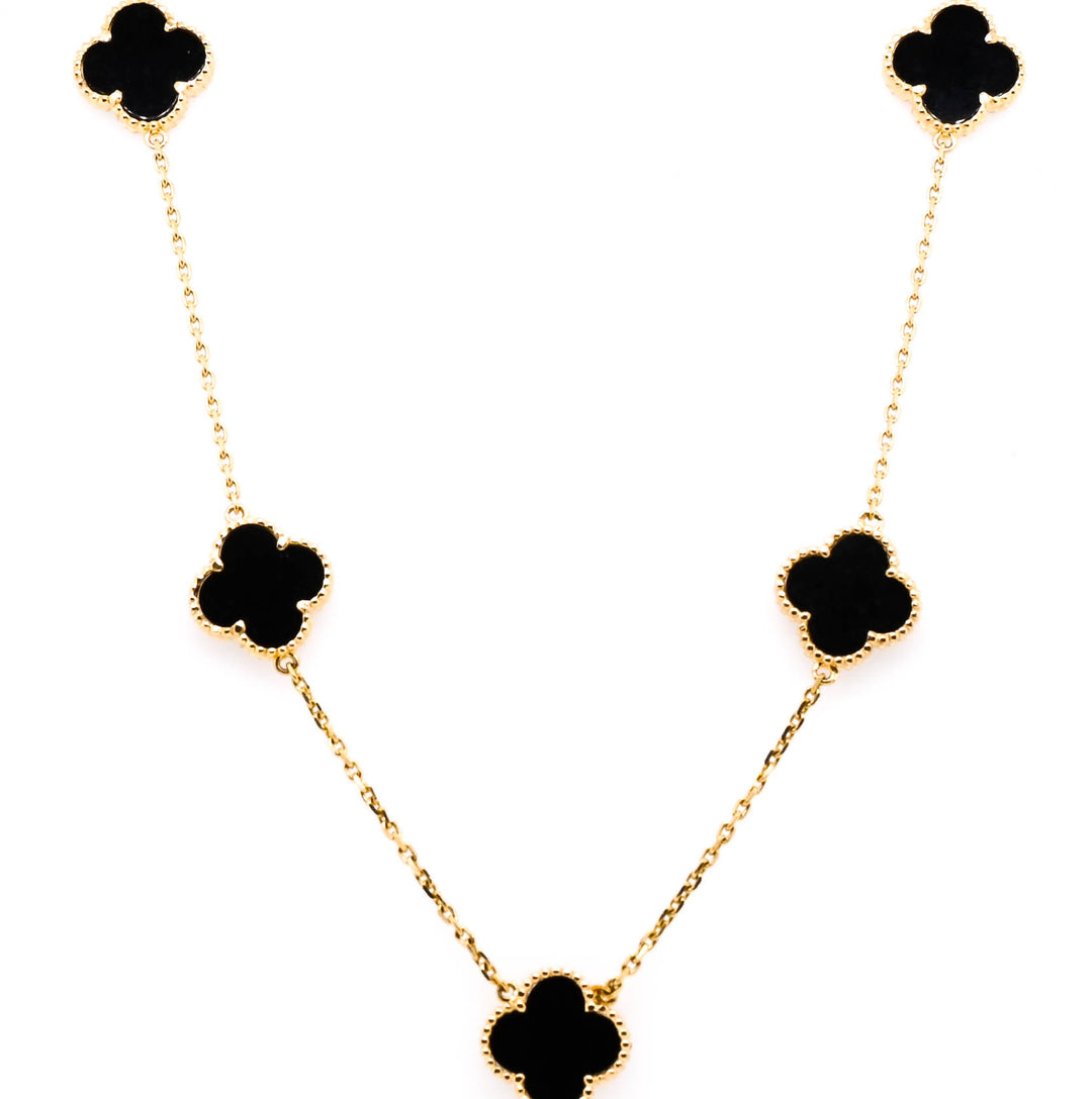 10KT Yellow Gold 18" Black Onyx Flower Necklace